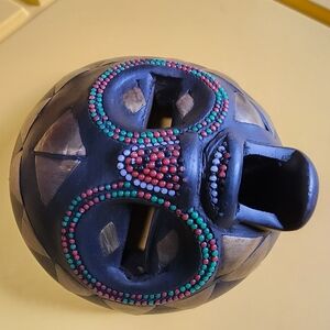Hand Carved Wooden African Tribal Mask Carved W/ Bronze And Beads